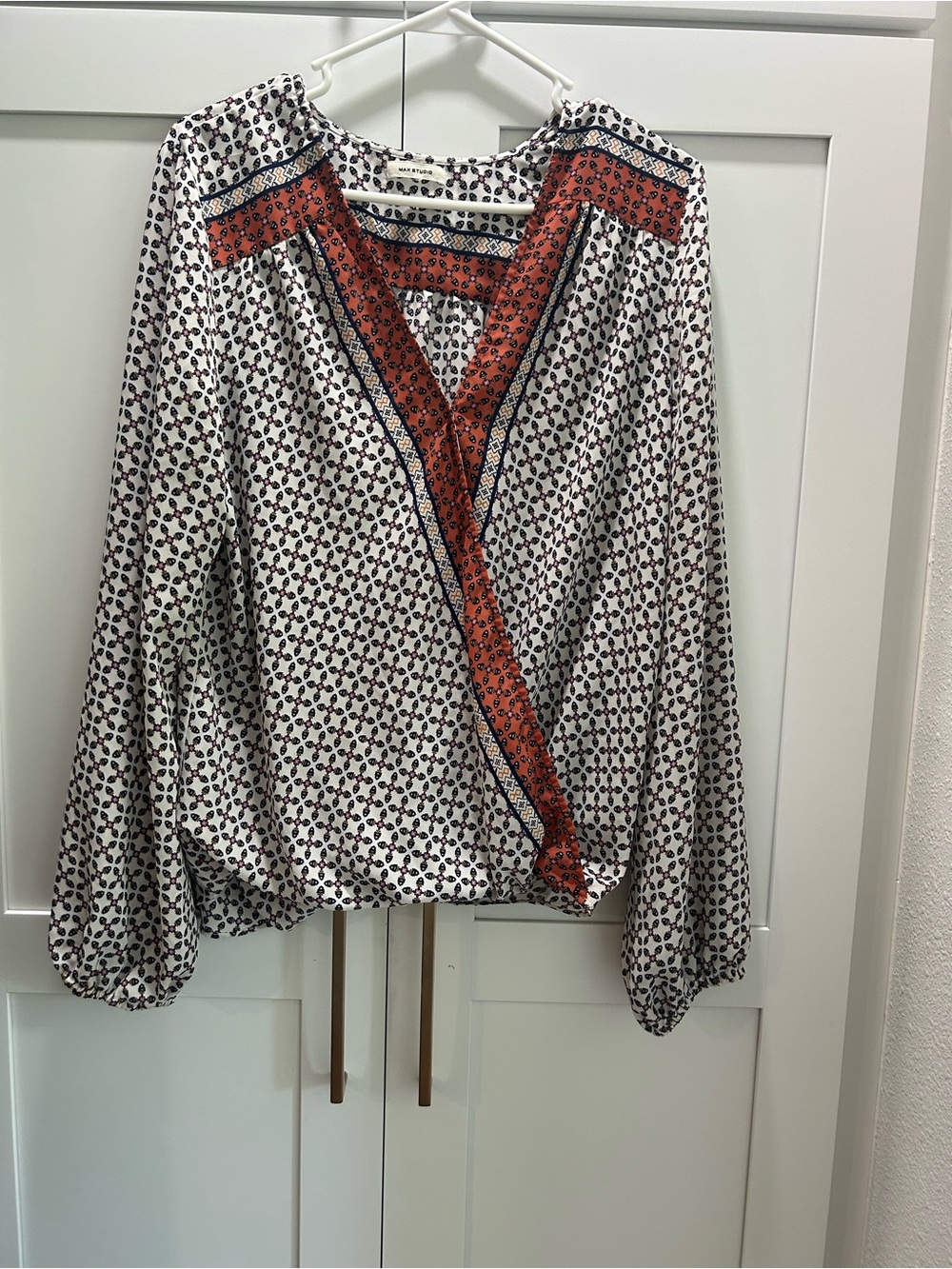 Max Studio White Printed Wrap Blouse with Rust Trim